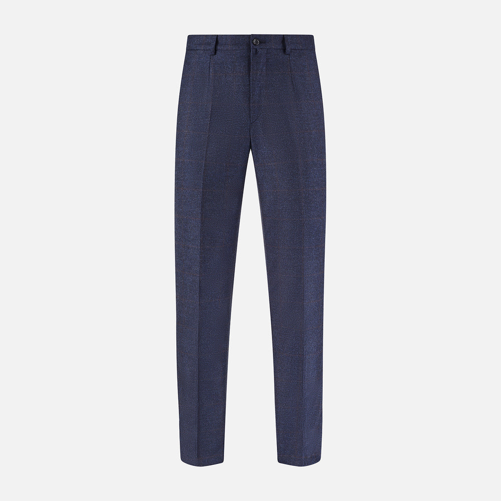 Turnbull & Asser Navy and Brown Check Rupert Trousers with button and zipper closure, belt loops, straight-leg fit, pressed front creases, and a subtle check pattern in a wool-cashmere blend. Shown on a plain white background.