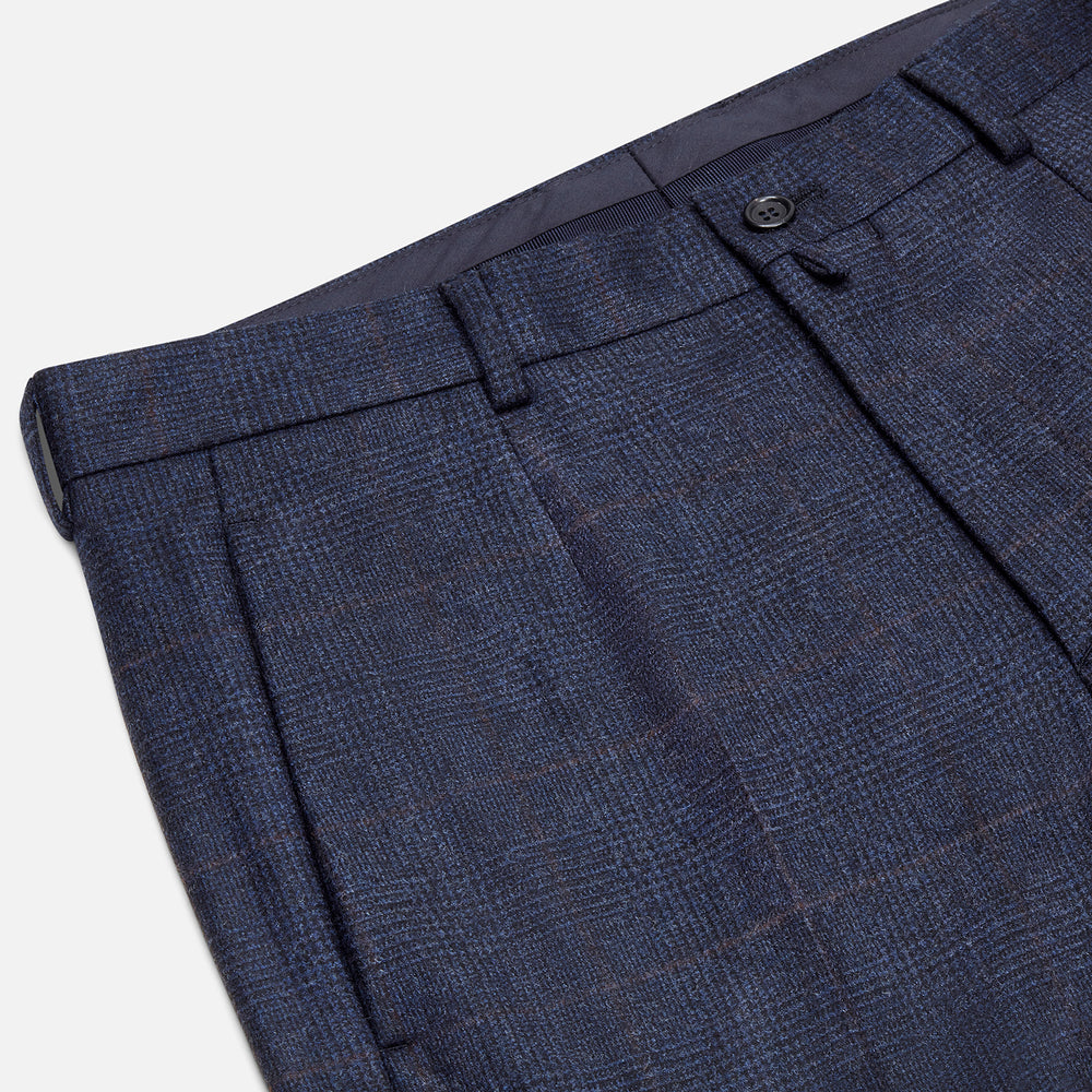 Turnbull & Asser Navy and Brown Check Rupert Trousers with button and zipper closure, belt loops, straight-leg fit, pressed front creases, and a subtle check pattern in a wool-cashmere blend. Shown on a plain white background.