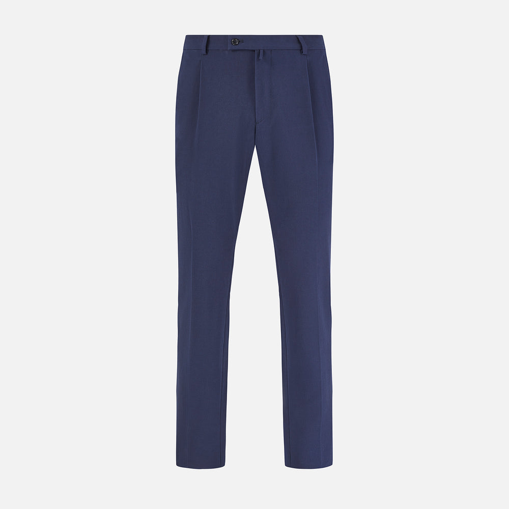 Turnbull & Asser Navy George Trousers in a cotton blend with a single pleat, button and zipper closure, belt loops, and crease detailing down each leg, shown on a plain white background.
