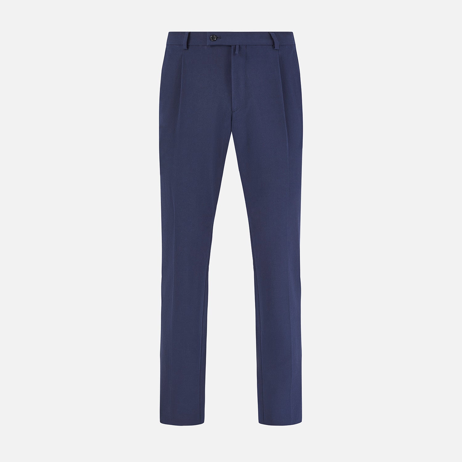 View 1 of product Turnbull & Asser Navy George Trousers in a cotton blend with a single pleat, button and zipper closure, belt loops, and crease detailing down each leg, shown on a plain white background.
