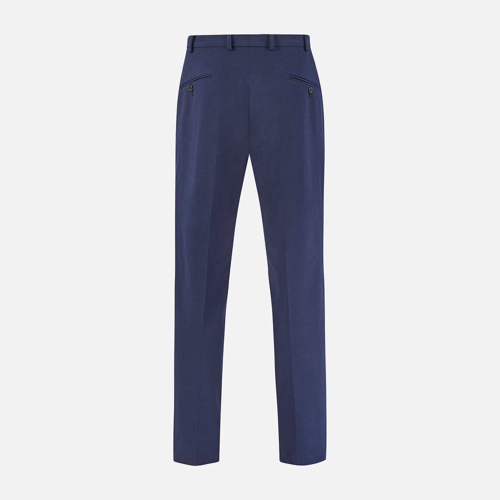 Turnbull & Asser Navy George Trousers in a cotton blend with a single pleat, button and zipper closure, belt loops, and crease detailing down each leg, shown on a plain white background.