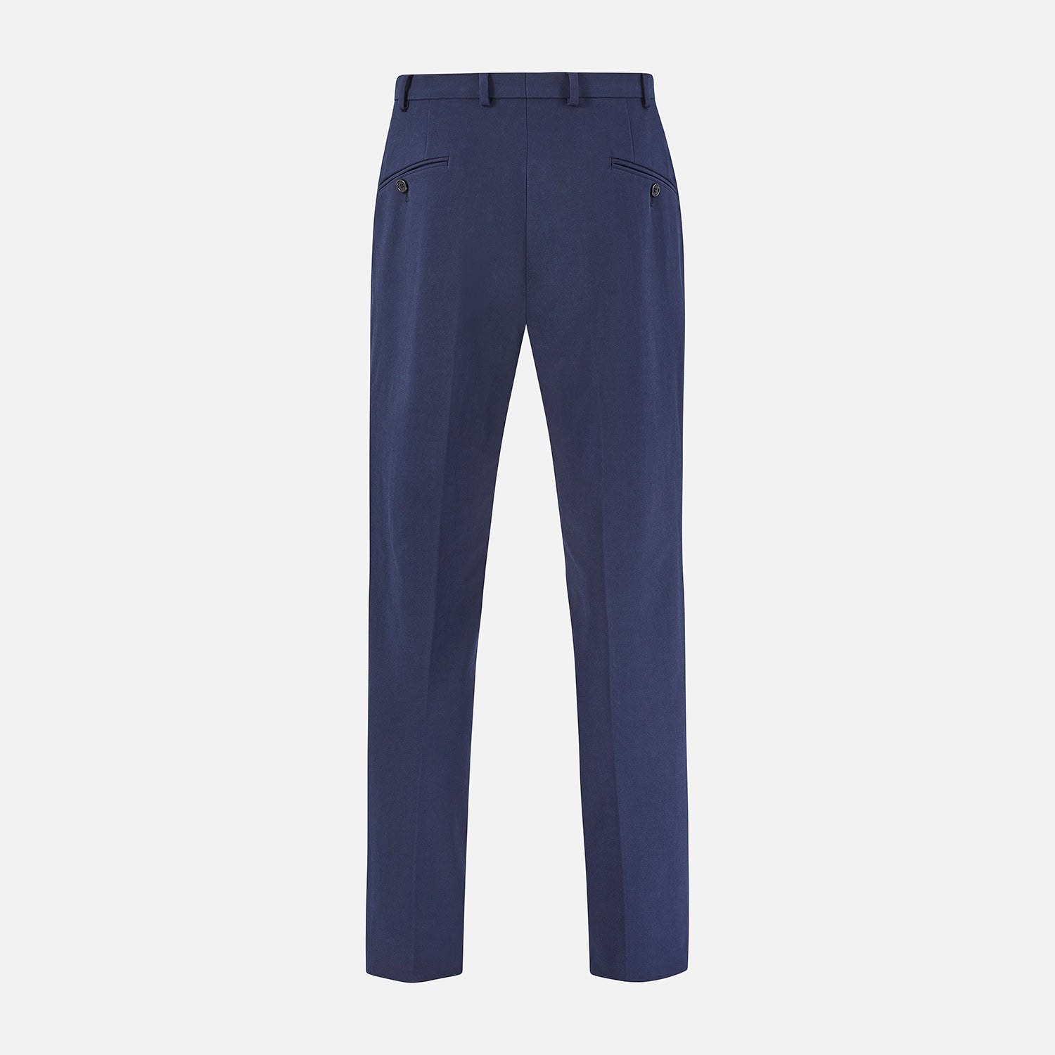 View 3 of product Turnbull & Asser Navy George Trousers in a cotton blend with a single pleat, button and zipper closure, belt loops, and crease detailing down each leg, shown on a plain white background.