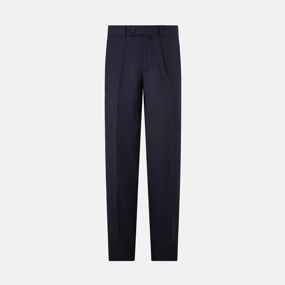 Turnbull & Asser UK Edward Navy Pleated Trousers in Wool Gabardine featuring a navy blue, tailored silhouette with a straight-leg cut and pleated detailing.