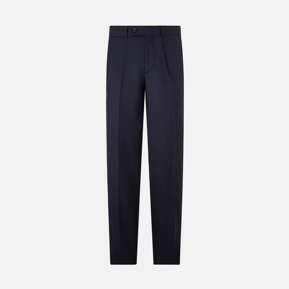 View 1 of product Turnbull & Asser UK Edward Navy Pleated Trousers in Wool Gabardine featuring a navy blue, tailored silhouette with a straight-leg cut and pleated detailing.