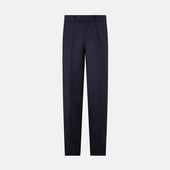 Edward Navy Pleated Trousers in Wool Gabardine