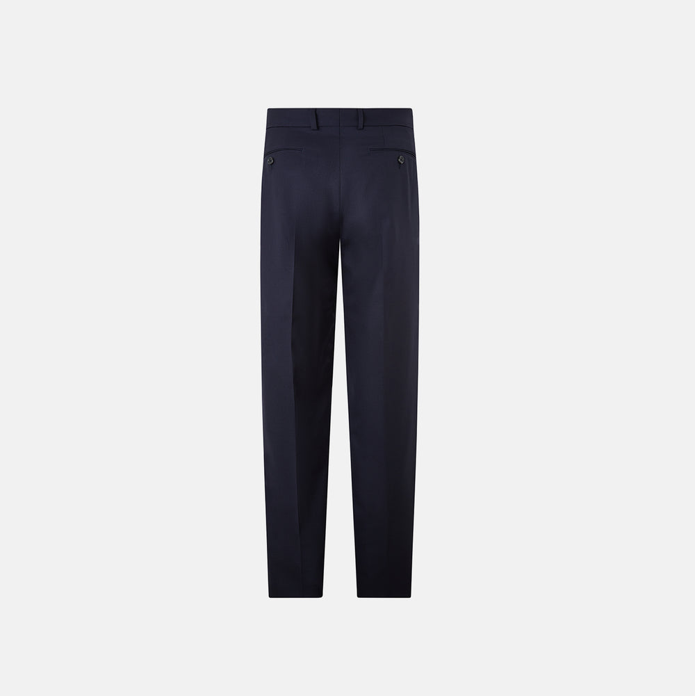 Turnbull & Asser UK Edward Navy Pleated Trousers in Wool Gabardine featuring a navy blue, tailored silhouette with a straight-leg cut and pleated detailing.