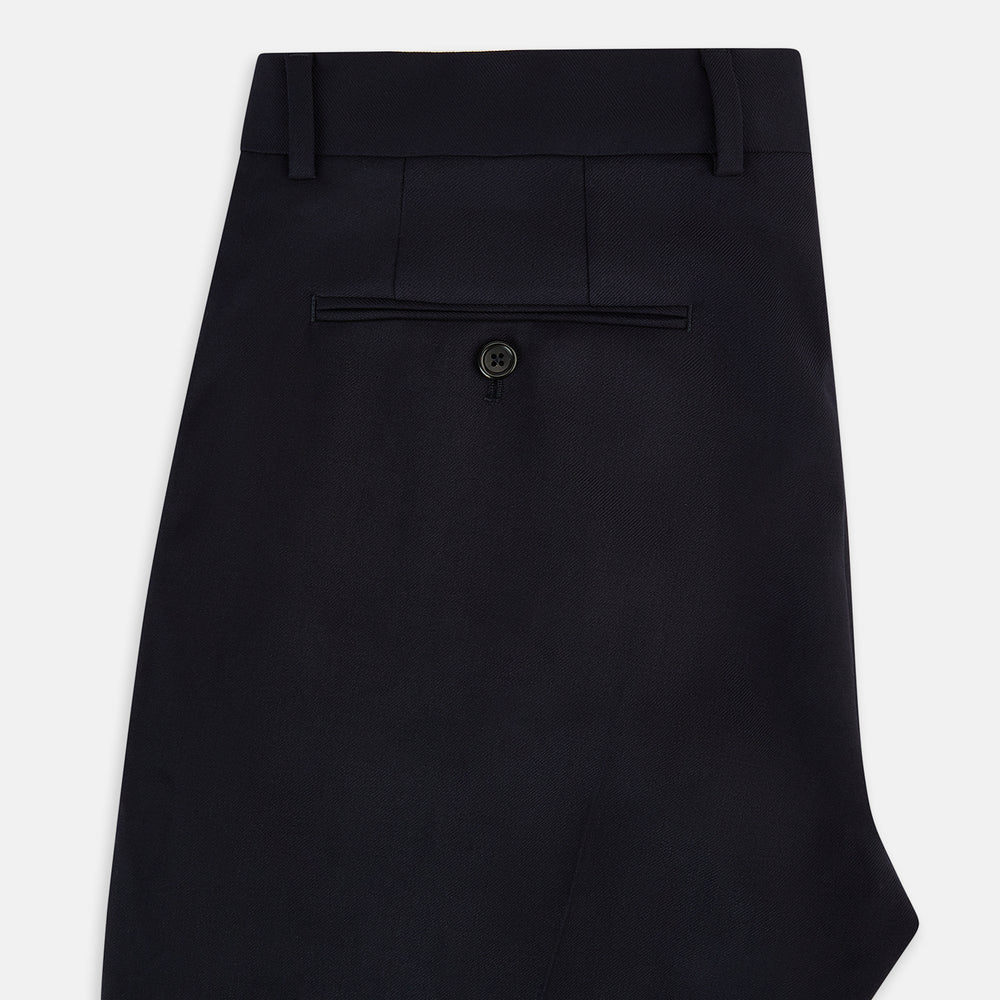 Turnbull & Asser UK Edward Navy Pleated Trousers in Wool Gabardine featuring a navy blue, tailored silhouette with a straight-leg cut and pleated detailing.