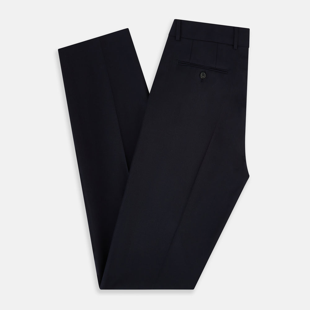 Turnbull & Asser UK Edward Navy Pleated Trousers in Wool Gabardine featuring a navy blue, tailored silhouette with a straight-leg cut and pleated detailing.