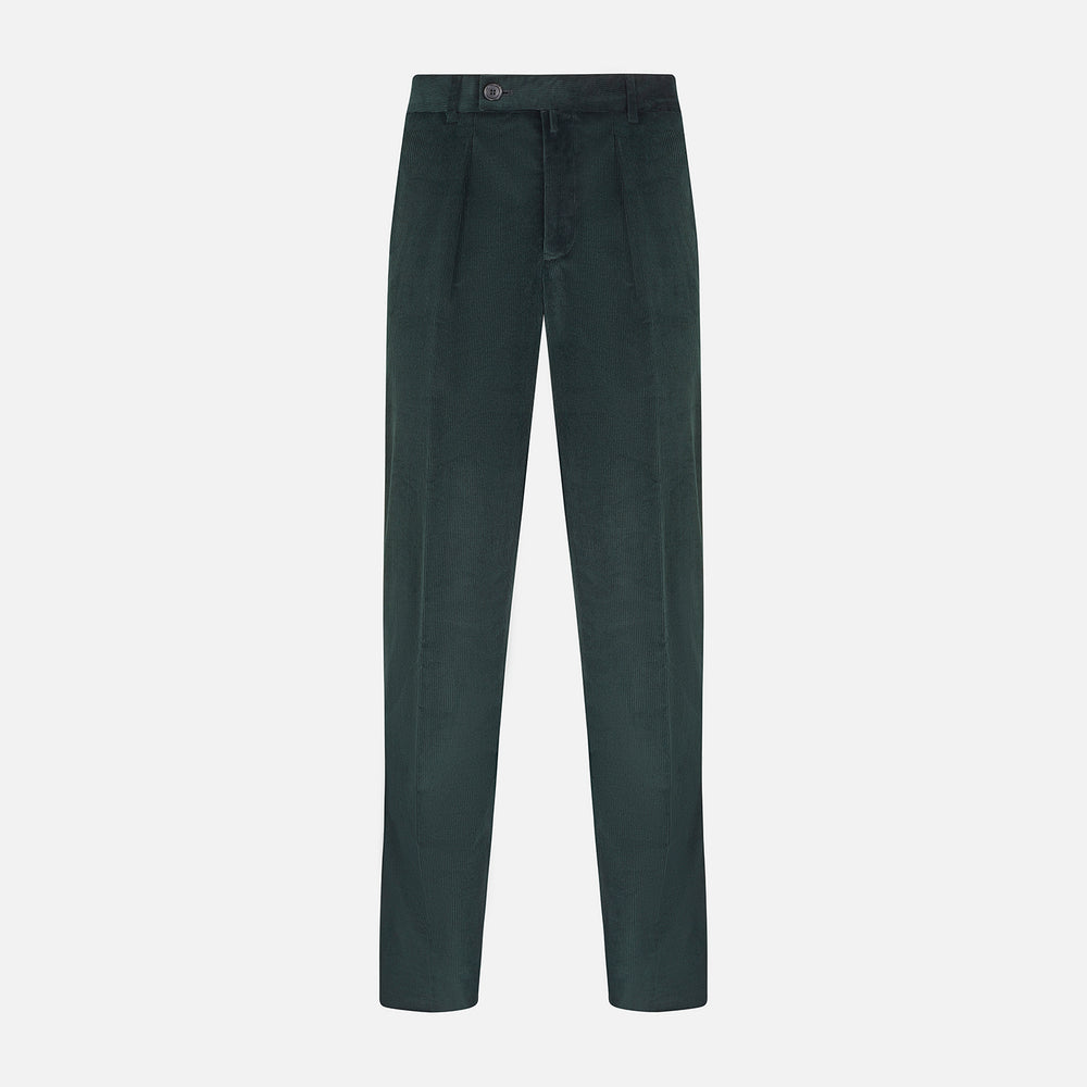 Turnbull & Asser Dark Green Corduroy Edward Trousers feature a button and zip closure, front pleats, and straight legs for gentlemen, shown on a plain white background.