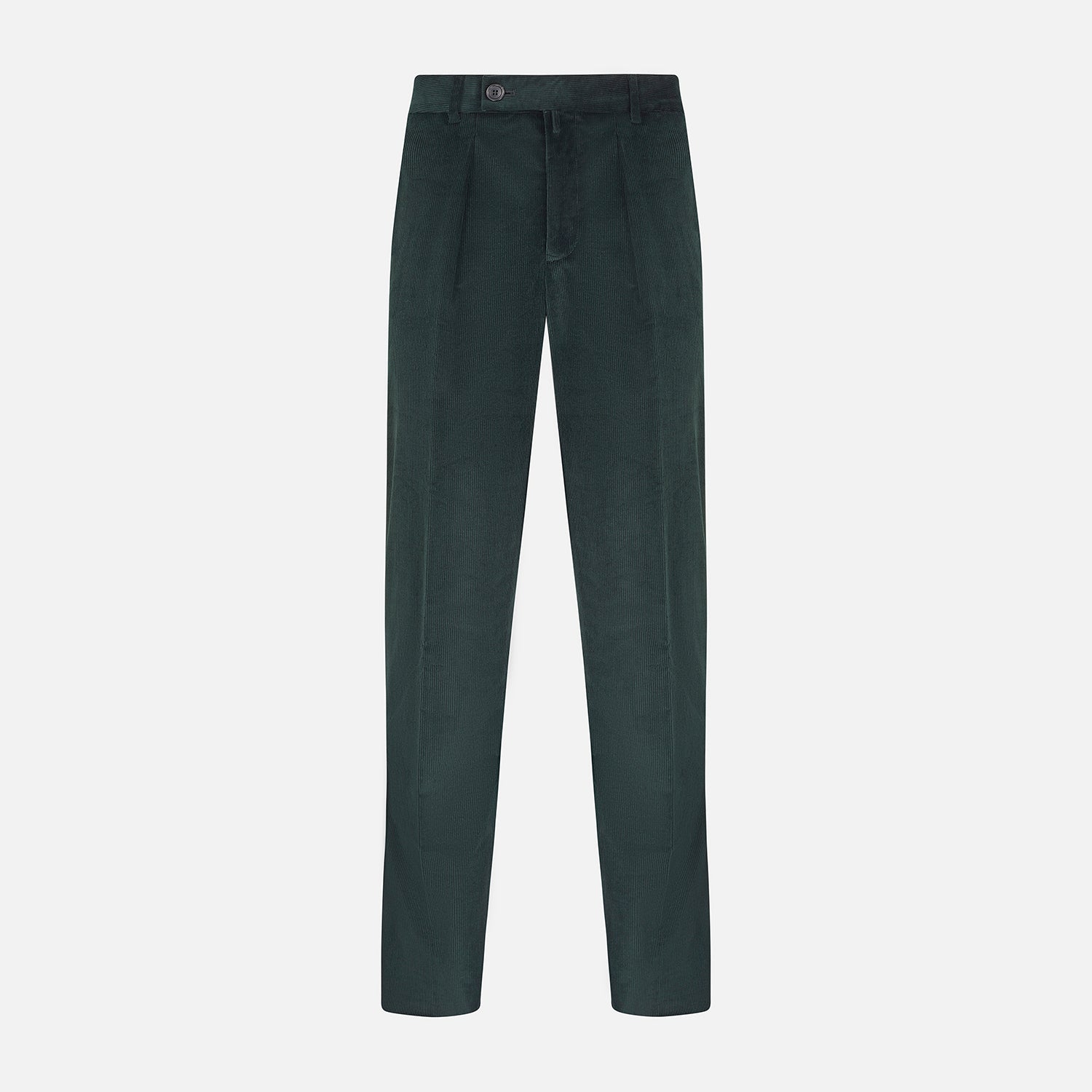 View 1 of product Turnbull & Asser Dark Green Corduroy Edward Trousers feature a button and zip closure, front pleats, and straight legs for gentlemen, shown on a plain white background.