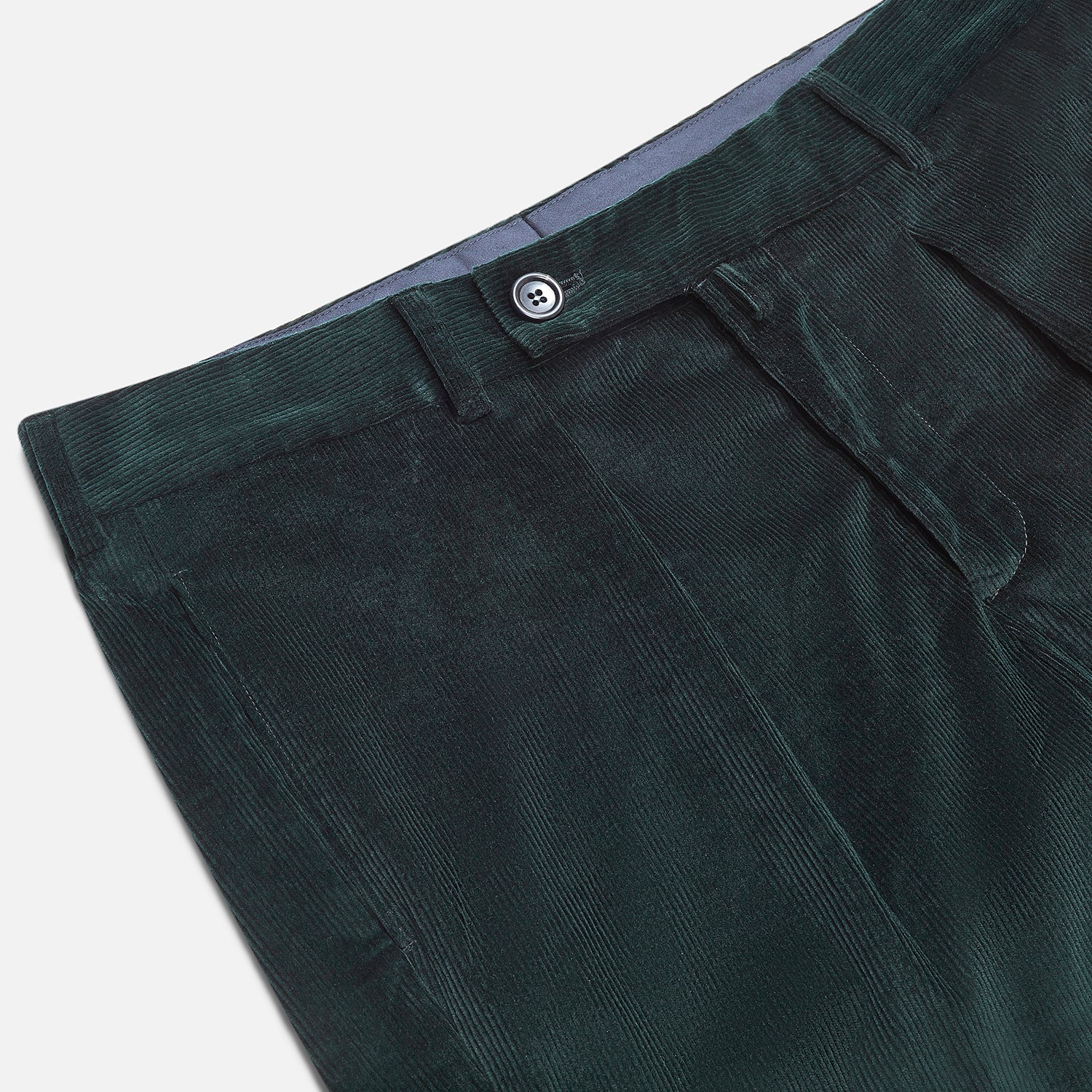 View 2 of product Turnbull & Asser Dark Green Corduroy Edward Trousers feature a button and zip closure, front pleats, and straight legs for gentlemen, shown on a plain white background.