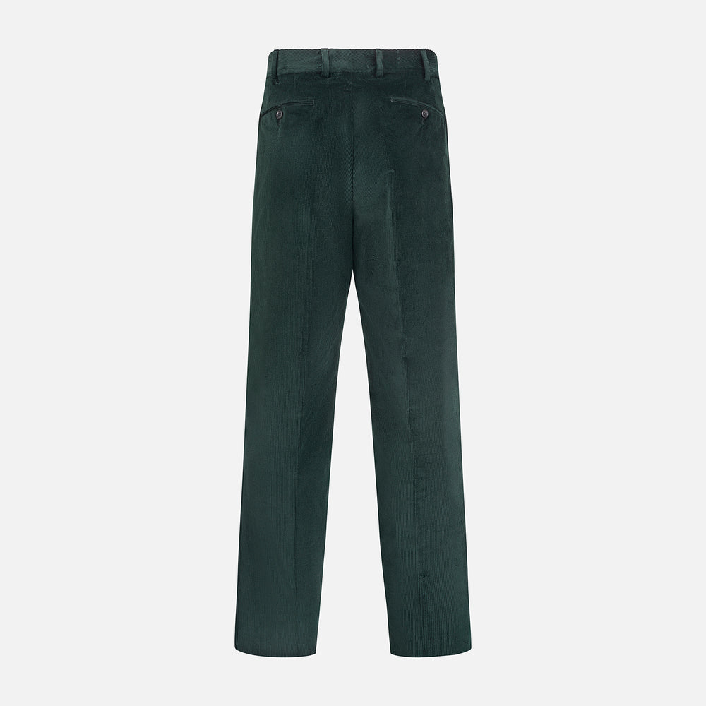 Turnbull & Asser Dark Green Corduroy Edward Trousers feature a button and zip closure, front pleats, and straight legs for gentlemen, shown on a plain white background.