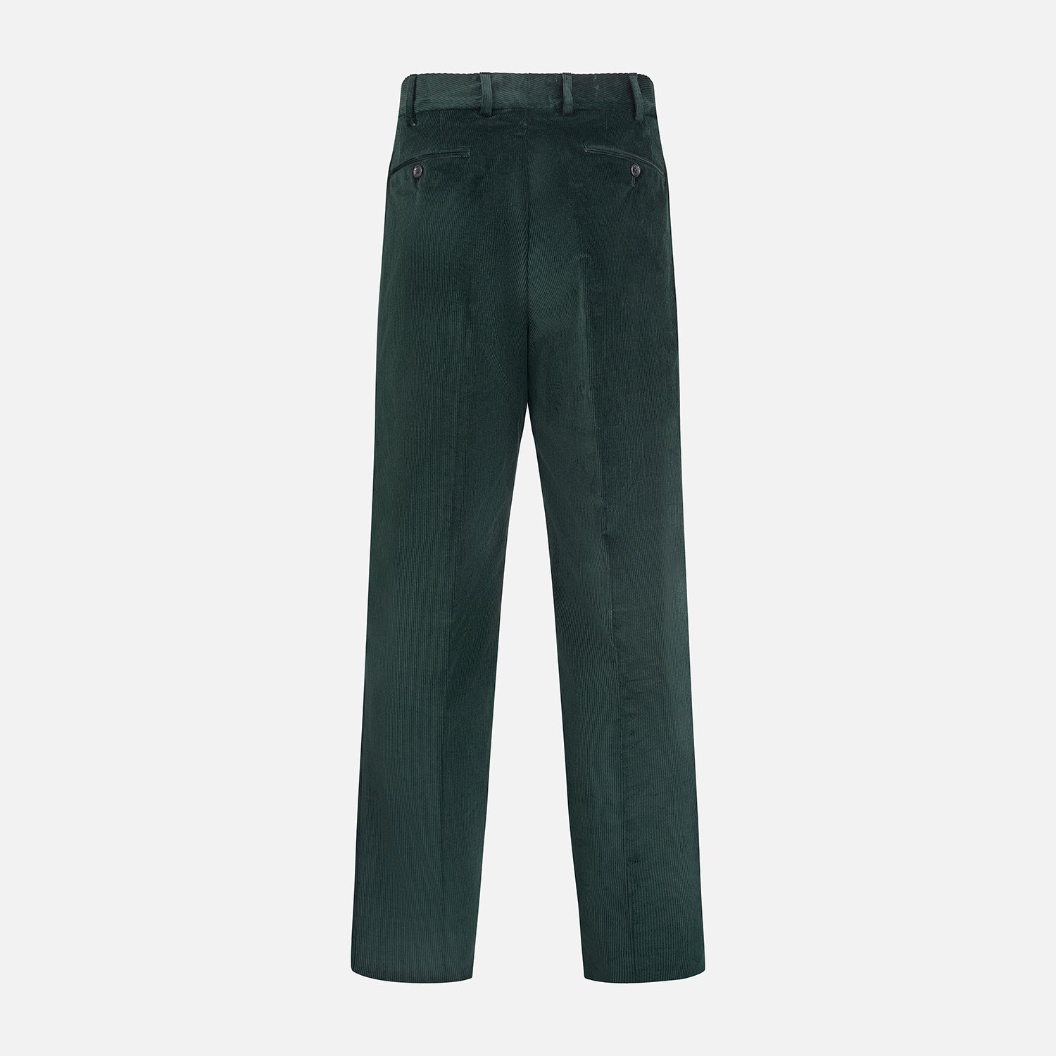 View 3 of product Turnbull & Asser Dark Green Corduroy Edward Trousers feature a button and zip closure, front pleats, and straight legs for gentlemen, shown on a plain white background.