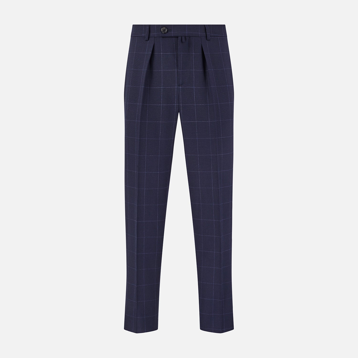 View 1 of product Turnbull & Asser Navy Check Edward Trousers feature a subtle white windowpane pattern, pleated front, belt loops, and button closure, shown against a plain white background.