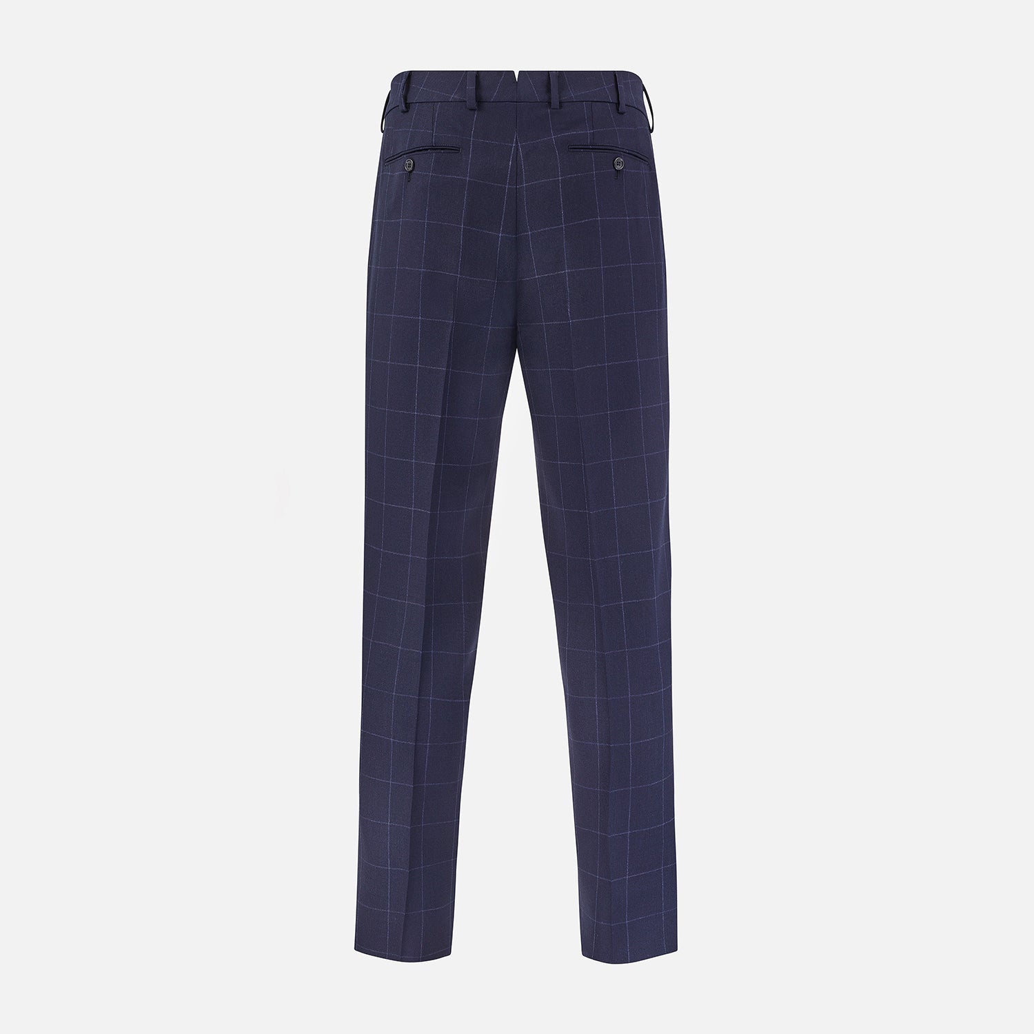 View 3 of product Turnbull & Asser Navy Check Edward Trousers feature a subtle white windowpane pattern, pleated front, belt loops, and button closure, shown against a plain white background.