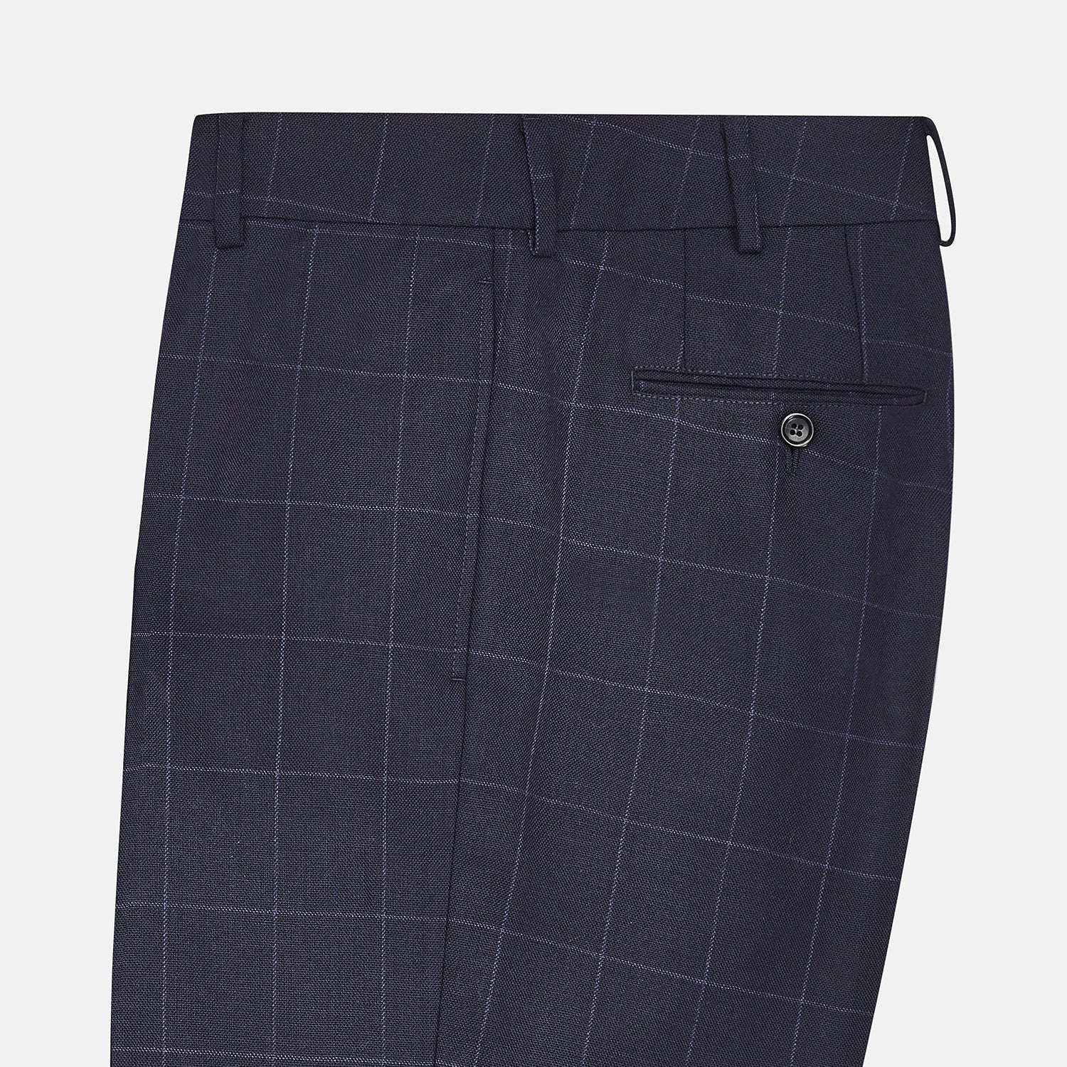 View 4 of product Turnbull & Asser Navy Check Edward Trousers feature a subtle white windowpane pattern, pleated front, belt loops, and button closure, shown against a plain white background.