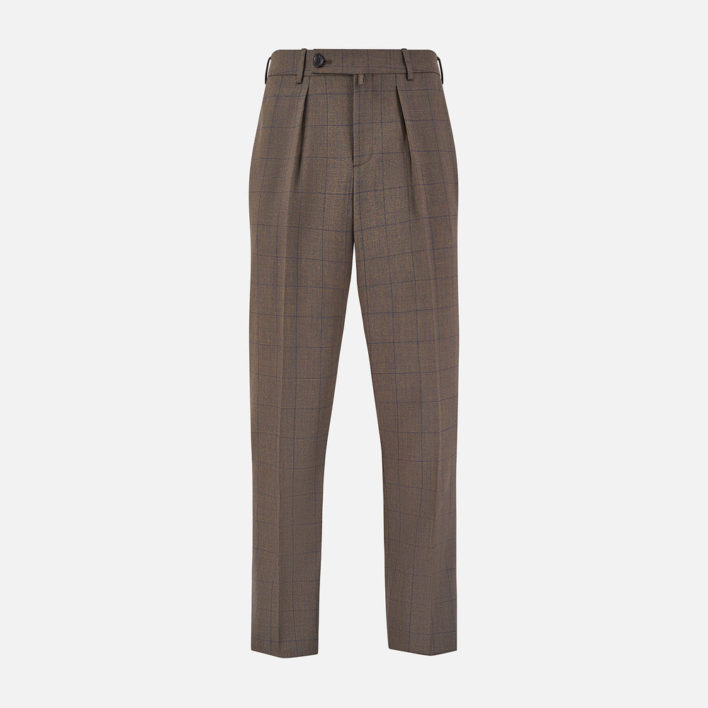 The Turnbull & Asser Brown Check Edward Trousers feature a subtle plaid pattern, pleated front, belt loops, side pockets, and button closure. Crafted from Italian wool for classic style and modern comfort. Shown on a plain white background.
