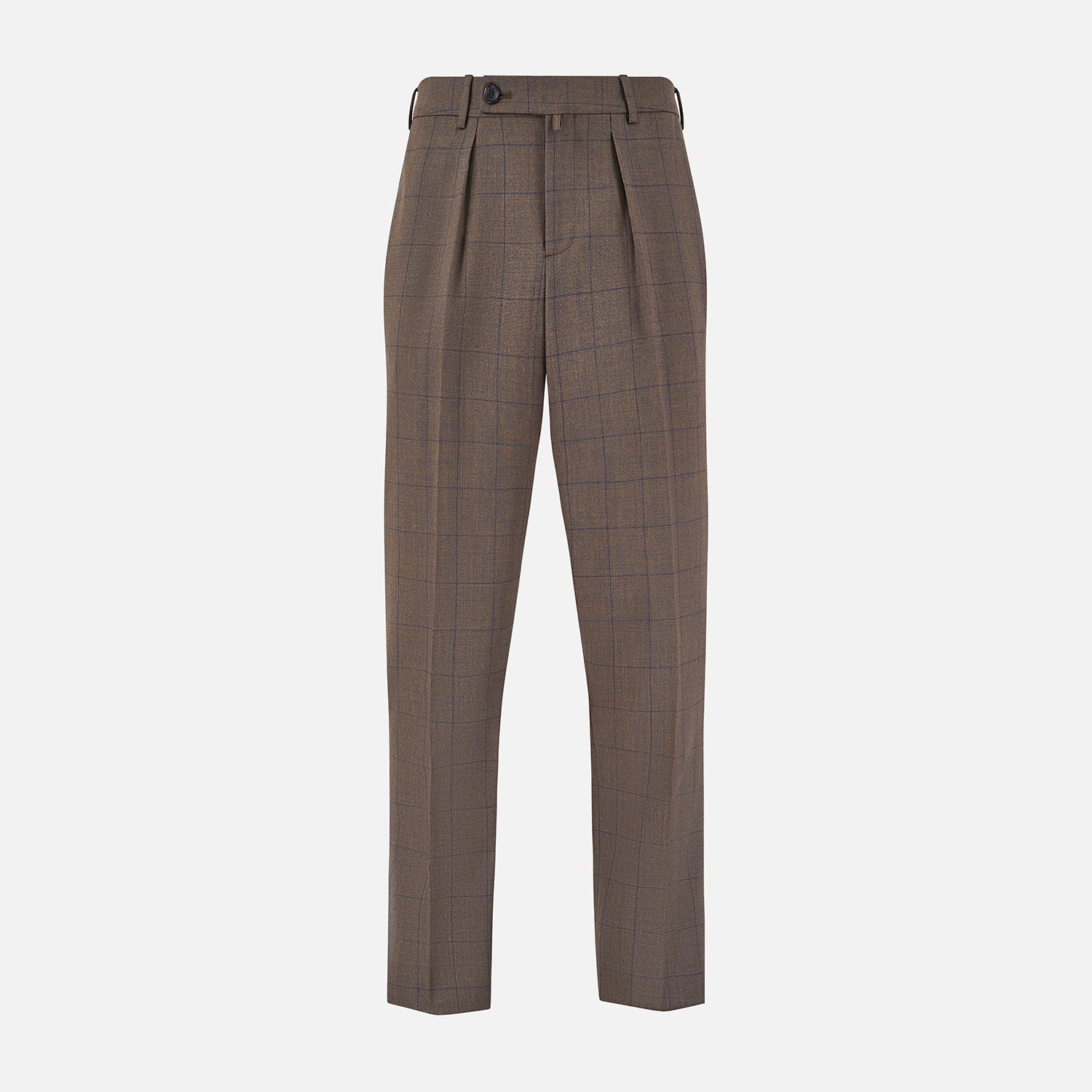 View 1 of product The Turnbull & Asser Brown Check Edward Trousers feature a subtle plaid pattern, pleated front, belt loops, side pockets, and button closure. Crafted from Italian wool for classic style and modern comfort. Shown on a plain white background.