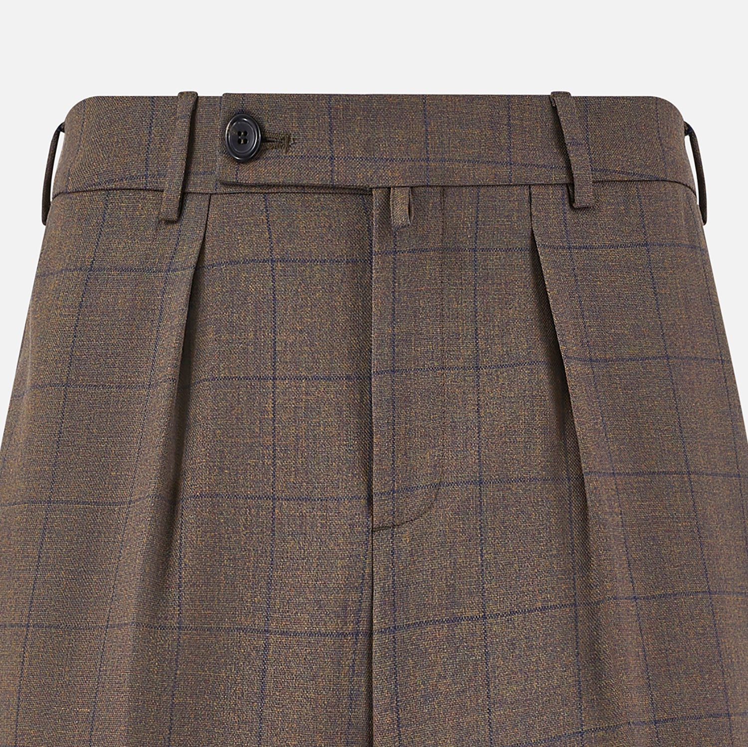 View 2 of product The Turnbull & Asser Brown Check Edward Trousers feature a subtle plaid pattern, pleated front, belt loops, side pockets, and button closure. Crafted from Italian wool for classic style and modern comfort. Shown on a plain white background.