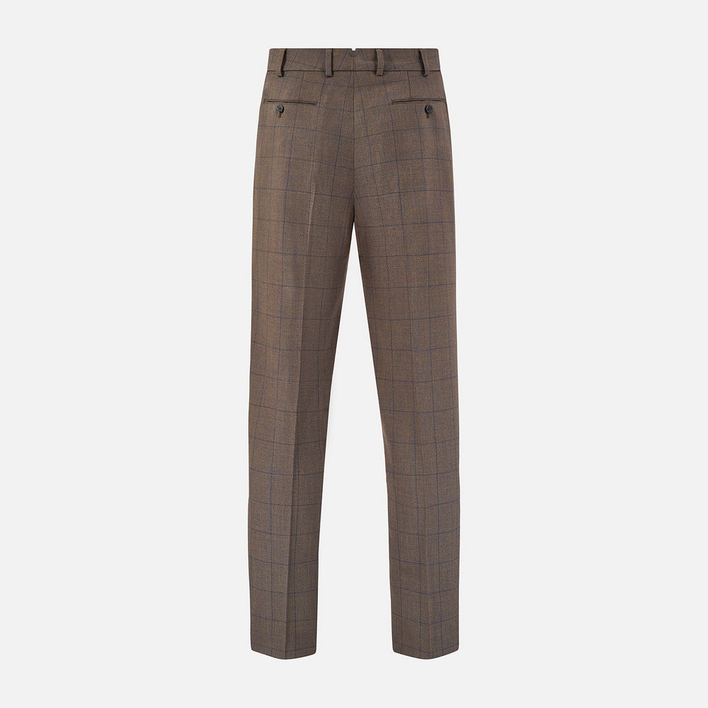 The Turnbull & Asser Brown Check Edward Trousers feature a subtle plaid pattern, pleated front, belt loops, side pockets, and button closure. Crafted from Italian wool for classic style and modern comfort. Shown on a plain white background.