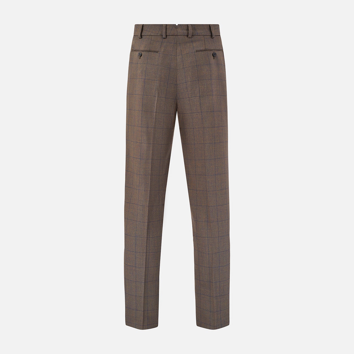 View 3 of product The Turnbull & Asser Brown Check Edward Trousers feature a subtle plaid pattern, pleated front, belt loops, side pockets, and button closure. Crafted from Italian wool for classic style and modern comfort. Shown on a plain white background.