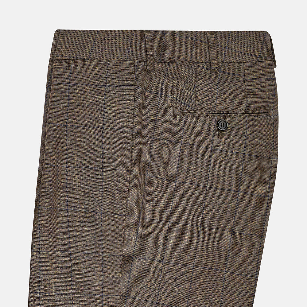 The Turnbull & Asser Brown Check Edward Trousers feature a subtle plaid pattern, pleated front, belt loops, side pockets, and button closure. Crafted from Italian wool for classic style and modern comfort. Shown on a plain white background.