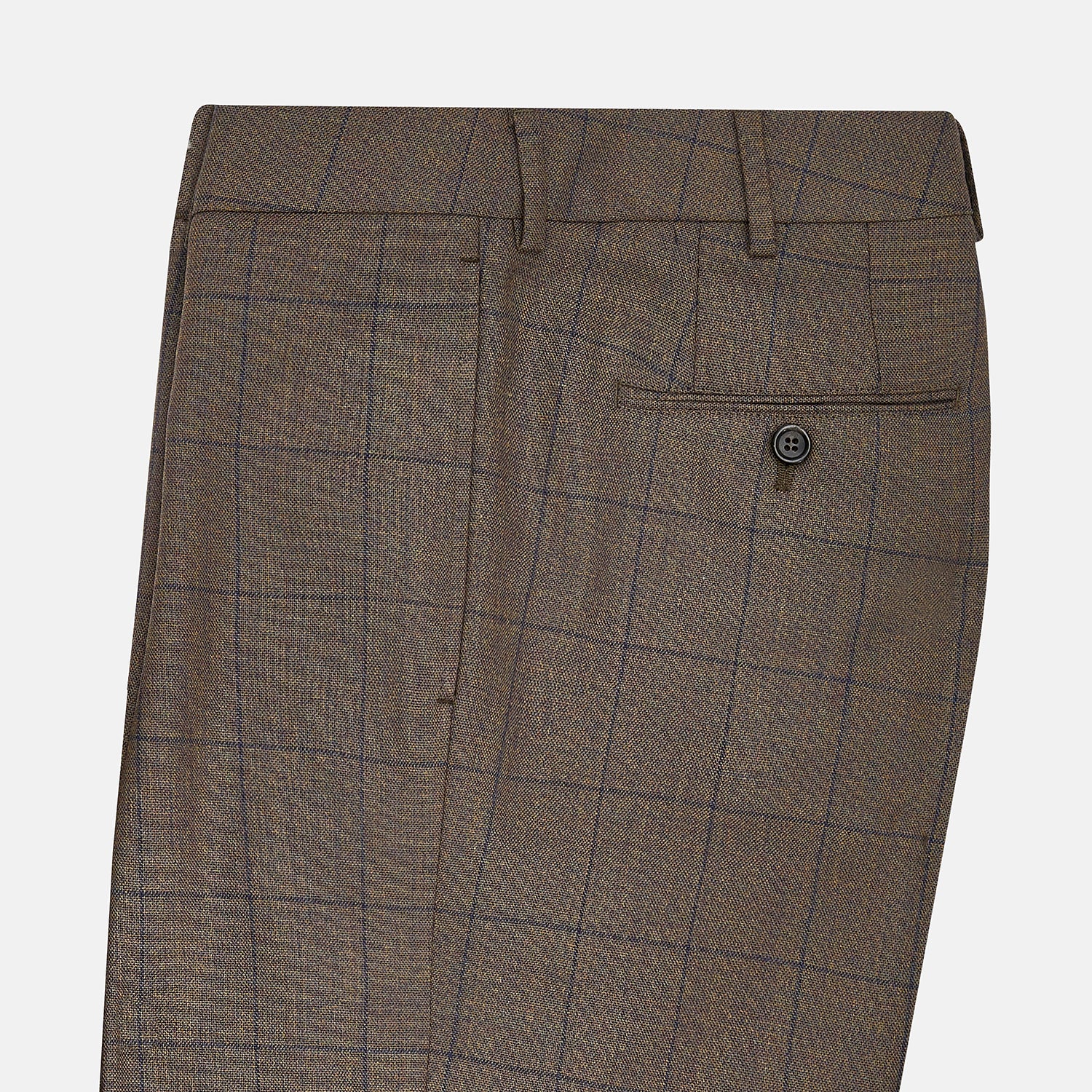 View 4 of product The Turnbull & Asser Brown Check Edward Trousers feature a subtle plaid pattern, pleated front, belt loops, side pockets, and button closure. Crafted from Italian wool for classic style and modern comfort. Shown on a plain white background.
