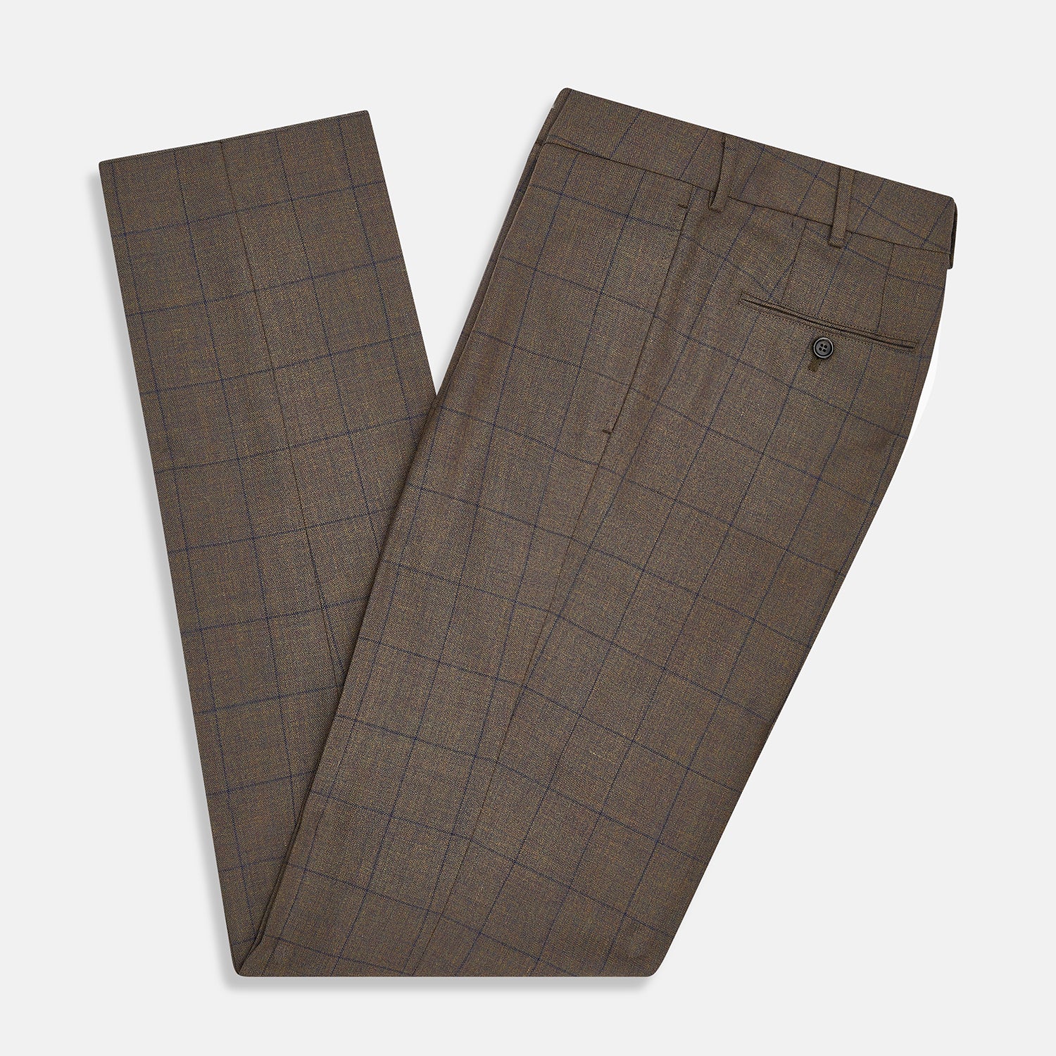 View 5 of product The Turnbull & Asser Brown Check Edward Trousers feature a subtle plaid pattern, pleated front, belt loops, side pockets, and button closure. Crafted from Italian wool for classic style and modern comfort. Shown on a plain white background.