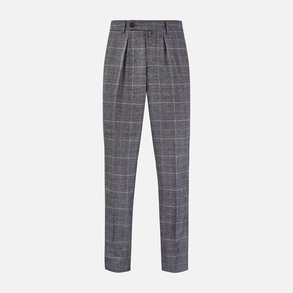 Turnbull & Asser's Grey Check Edward Trousers feature a tailored fit, front pleats, waistband with belt loops, and button closure—crafted from a wool-cotton blend. Ideal for semi-formal wear. Shown on a plain white background.