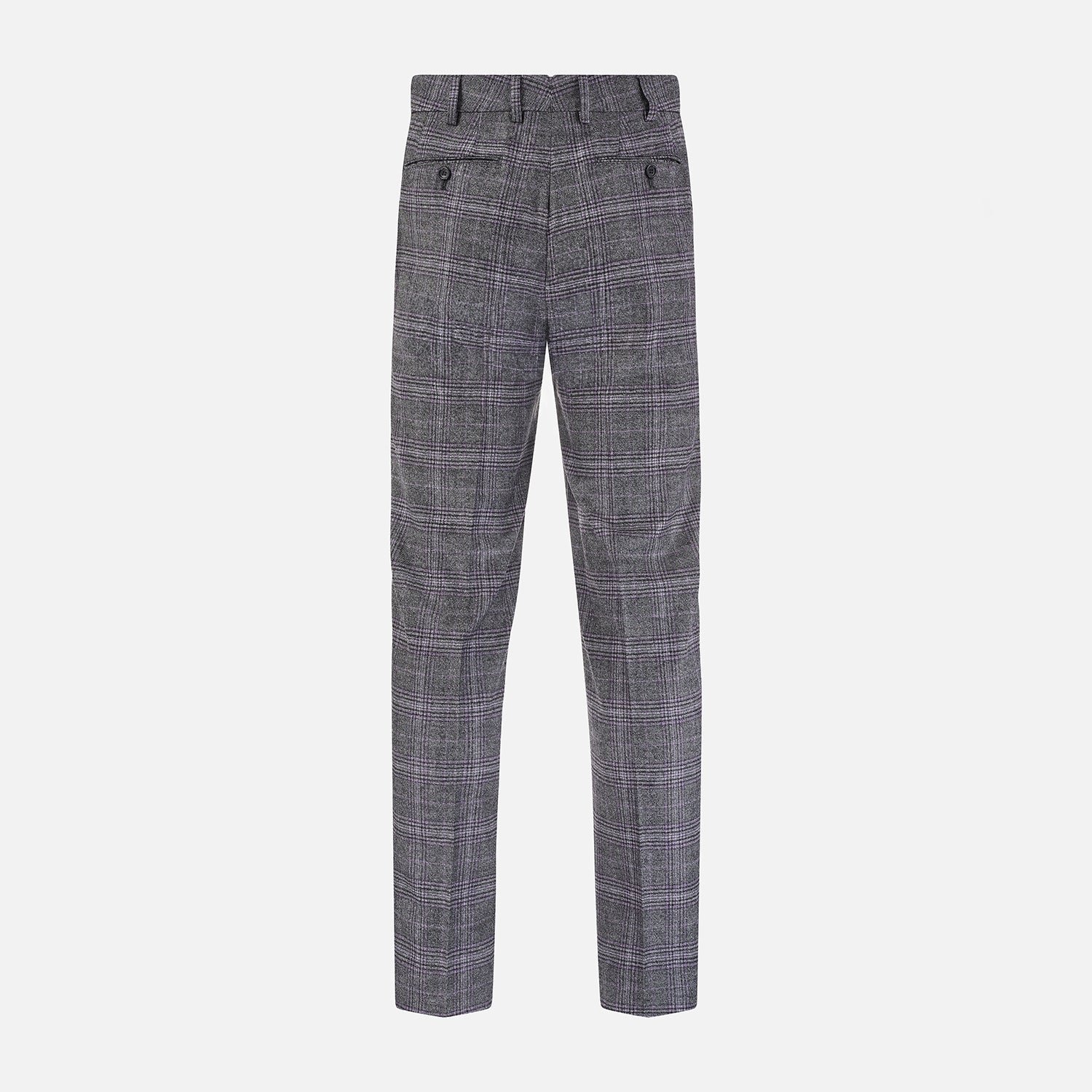 View 3 of product Turnbull & Asser's Grey Check Edward Trousers feature a tailored fit, front pleats, waistband with belt loops, and button closure—crafted from a wool-cotton blend. Ideal for semi-formal wear. Shown on a plain white background.