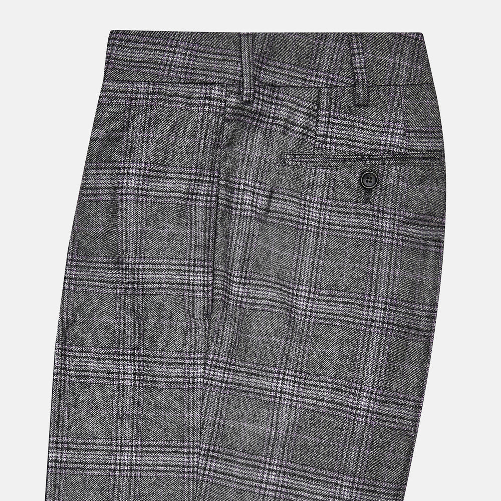 Turnbull & Asser's Grey Check Edward Trousers feature a tailored fit, front pleats, waistband with belt loops, and button closure—crafted from a wool-cotton blend. Ideal for semi-formal wear. Shown on a plain white background.