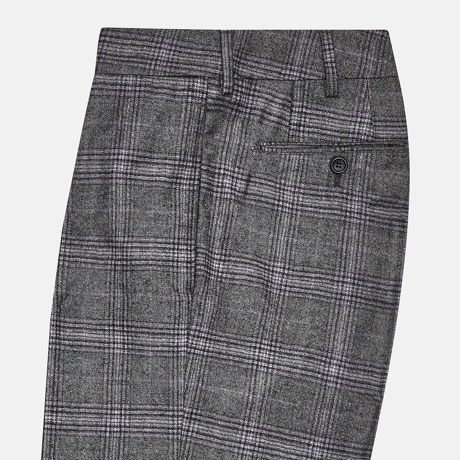 View 4 of product Turnbull & Asser's Grey Check Edward Trousers feature a tailored fit, front pleats, waistband with belt loops, and button closure—crafted from a wool-cotton blend. Ideal for semi-formal wear. Shown on a plain white background.