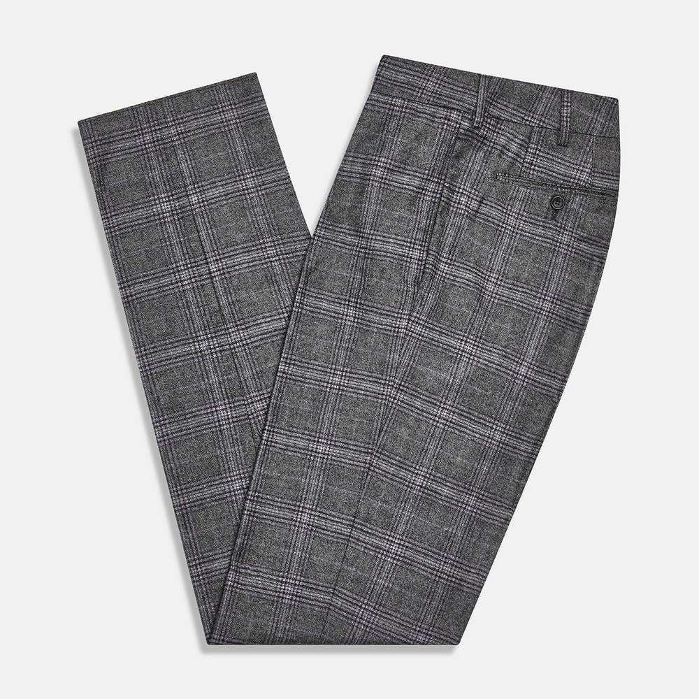Turnbull & Asser's Grey Check Edward Trousers feature a tailored fit, front pleats, waistband with belt loops, and button closure—crafted from a wool-cotton blend. Ideal for semi-formal wear. Shown on a plain white background.