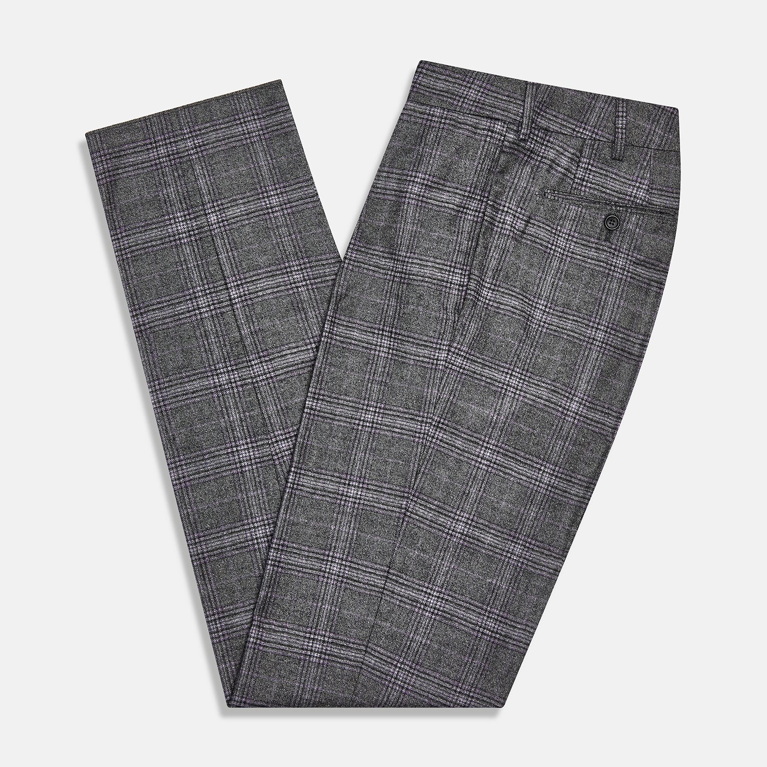 View 5 of product Turnbull & Asser's Grey Check Edward Trousers feature a tailored fit, front pleats, waistband with belt loops, and button closure—crafted from a wool-cotton blend. Ideal for semi-formal wear. Shown on a plain white background.