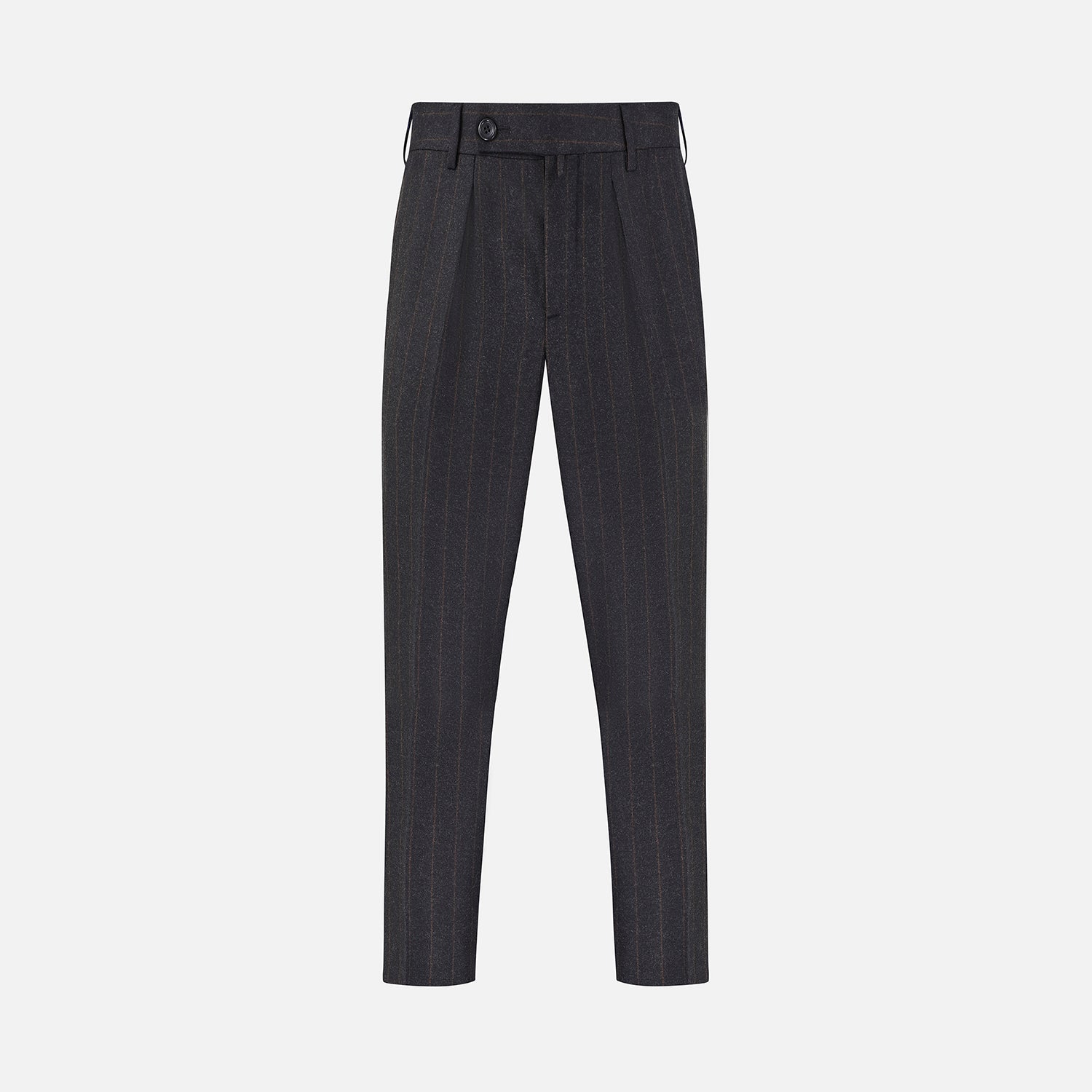 View 1 of product Turnbull & Asser’s Charcoal Pinstripe Edward Trousers, crafted in a wool-cotton blend with subtle vertical pinstripes, feature belt loops, a button closure, and tailored fit, all shown against a plain white background.
