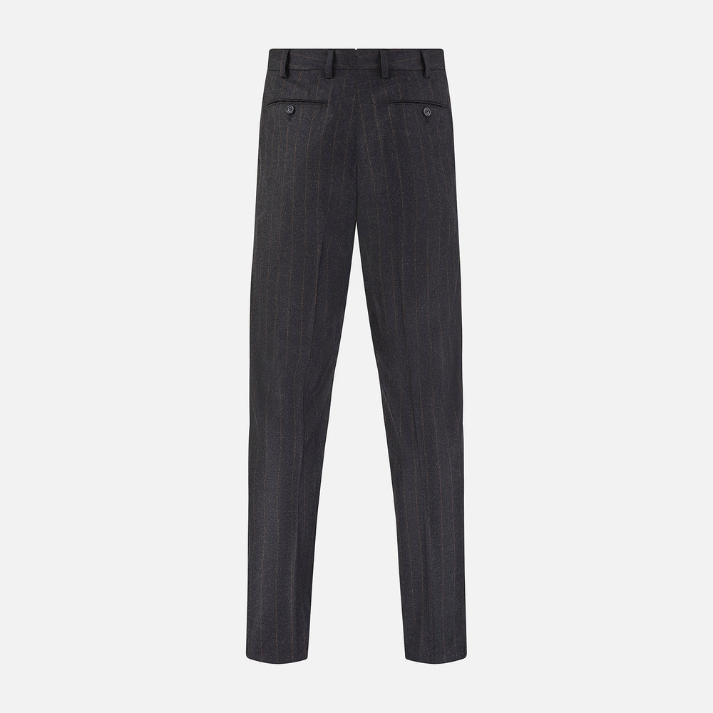 Turnbull & Asser’s Charcoal Pinstripe Edward Trousers, crafted in a wool-cotton blend with subtle vertical pinstripes, feature belt loops, a button closure, and tailored fit, all shown against a plain white background.