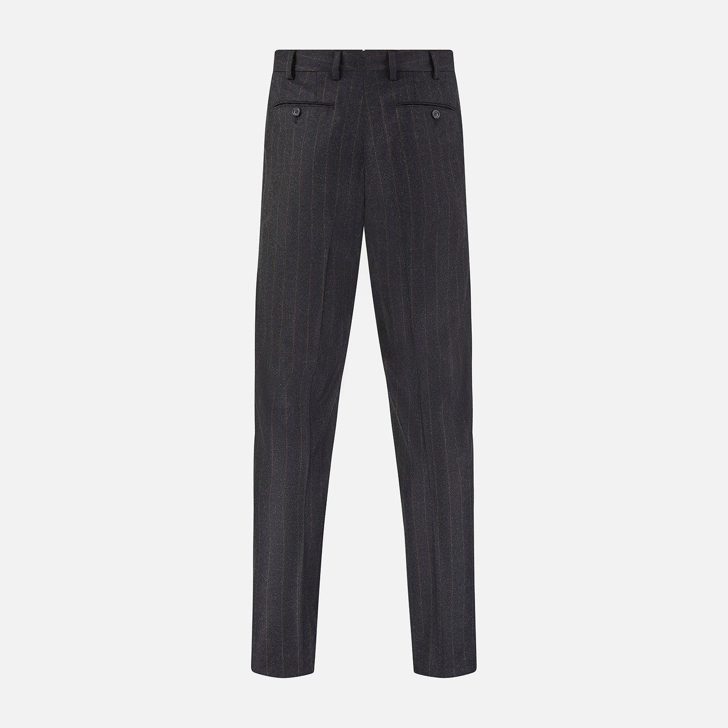 View 3 of product Turnbull & Asser’s Charcoal Pinstripe Edward Trousers, crafted in a wool-cotton blend with subtle vertical pinstripes, feature belt loops, a button closure, and tailored fit, all shown against a plain white background.