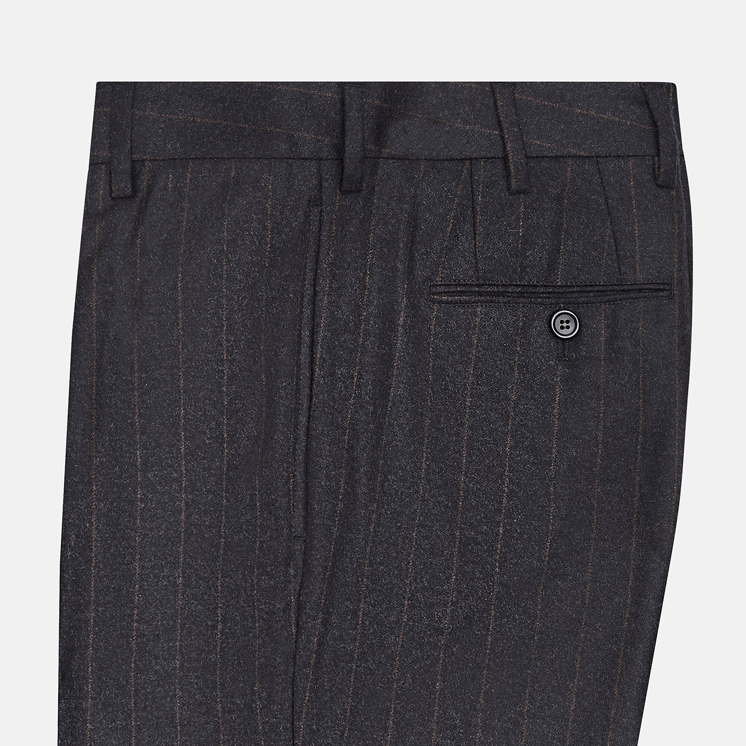 View 4 of product Turnbull & Asser’s Charcoal Pinstripe Edward Trousers, crafted in a wool-cotton blend with subtle vertical pinstripes, feature belt loops, a button closure, and tailored fit, all shown against a plain white background.