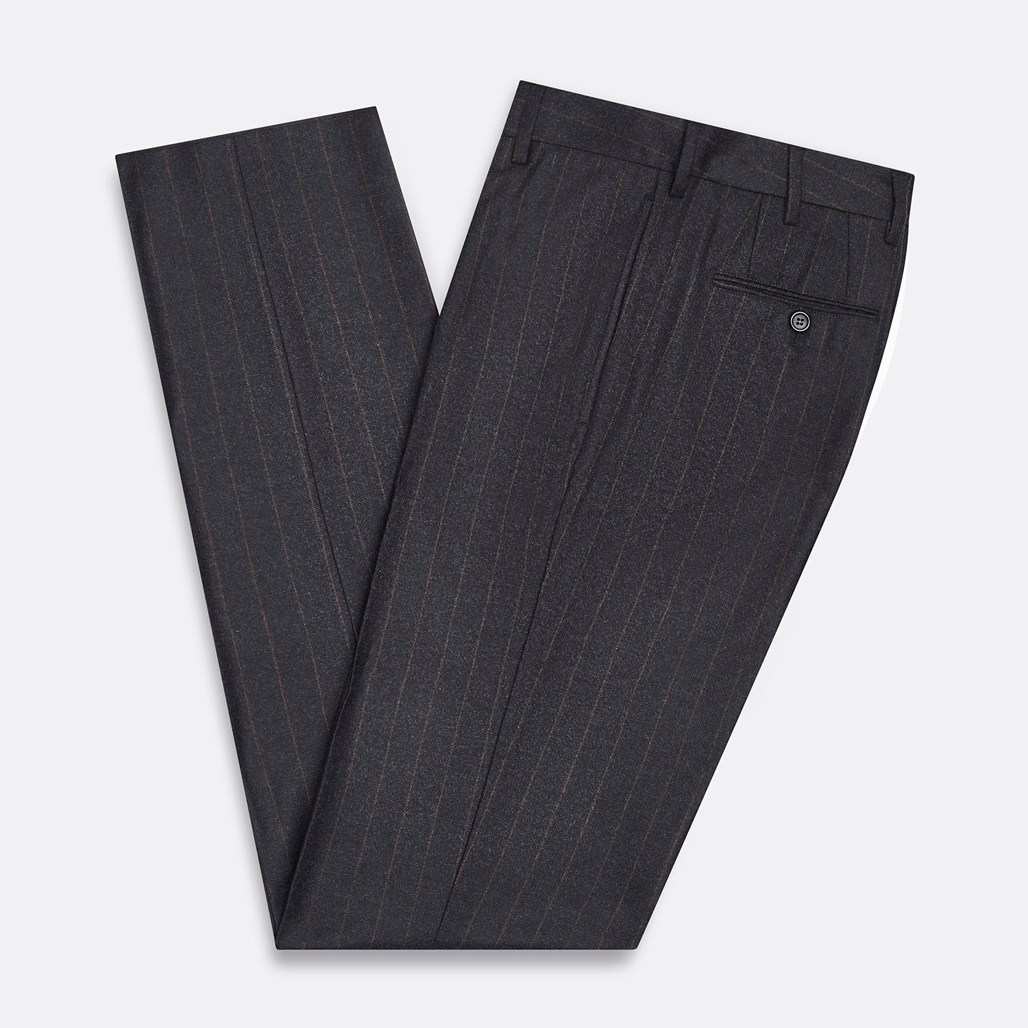 View 5 of product Turnbull & Asser’s Charcoal Pinstripe Edward Trousers, crafted in a wool-cotton blend with subtle vertical pinstripes, feature belt loops, a button closure, and tailored fit, all shown against a plain white background.