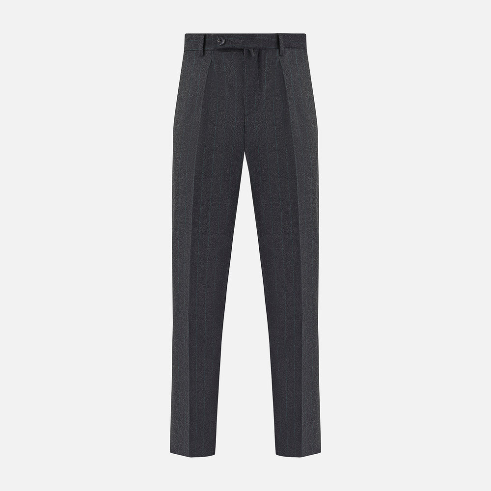 Turnbull & Asser’s Dark Grey Pinstripe Edward Trousers in a wool-cotton blend feature a subtle vertical stripe, front crease, straight cut, and classic waistband with belt loops, button, and zipper closure—perfect for semi-formal wear.
