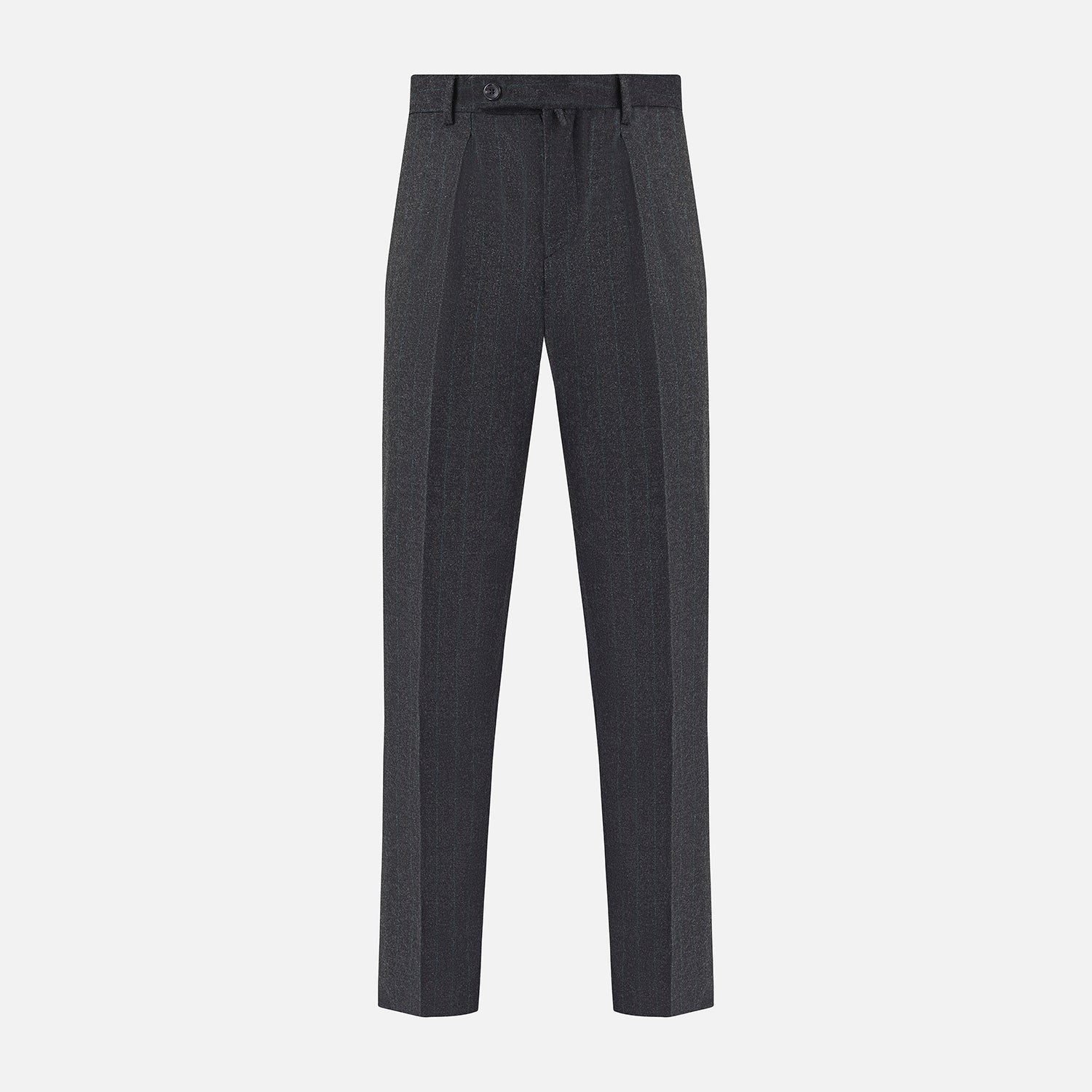 View 1 of product Turnbull & Asser’s Dark Grey Pinstripe Edward Trousers in a wool-cotton blend feature a subtle vertical stripe, front crease, straight cut, and classic waistband with belt loops, button, and zipper closure—perfect for semi-formal wear.