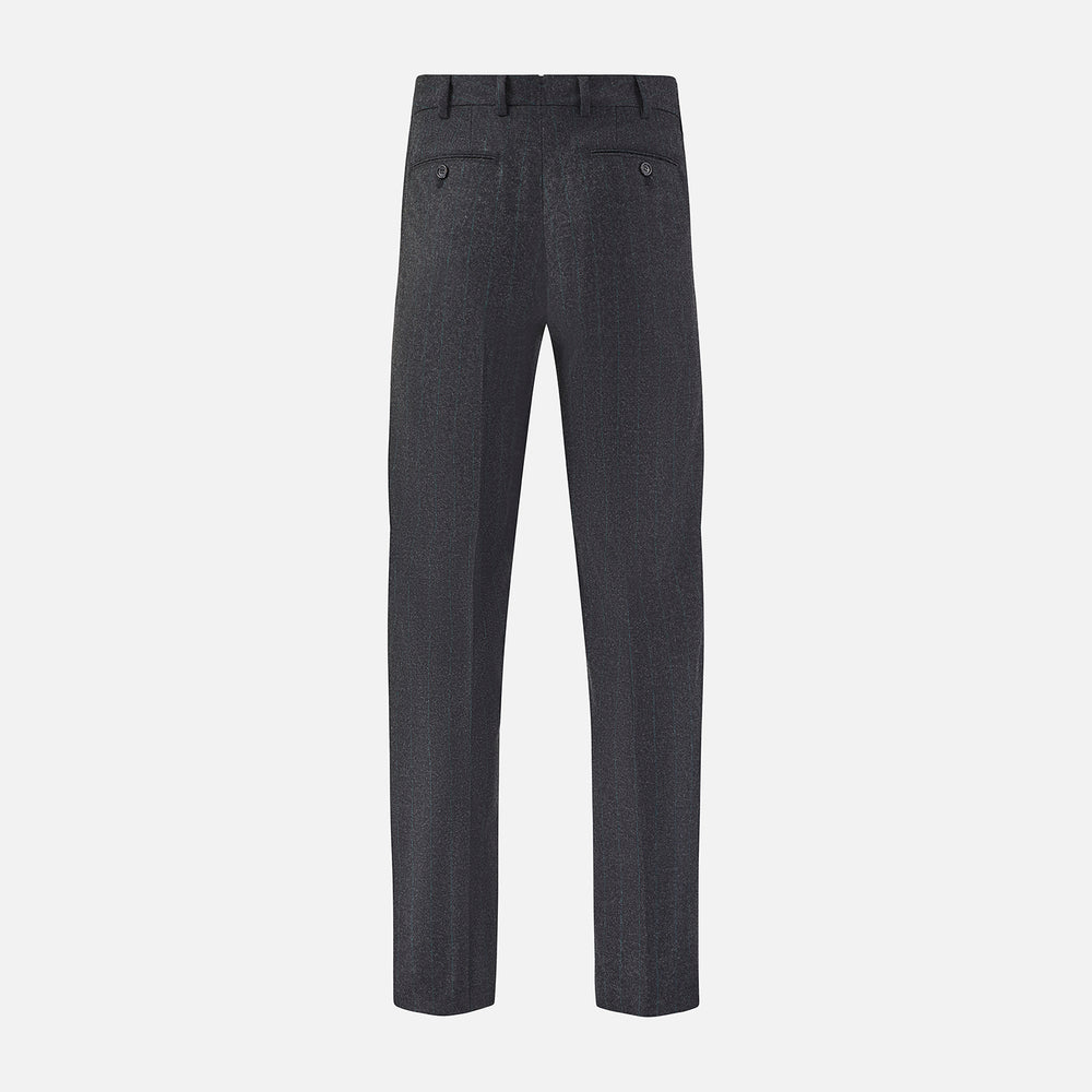 Turnbull & Asser’s Dark Grey Pinstripe Edward Trousers in a wool-cotton blend feature a subtle vertical stripe, front crease, straight cut, and classic waistband with belt loops, button, and zipper closure—perfect for semi-formal wear.