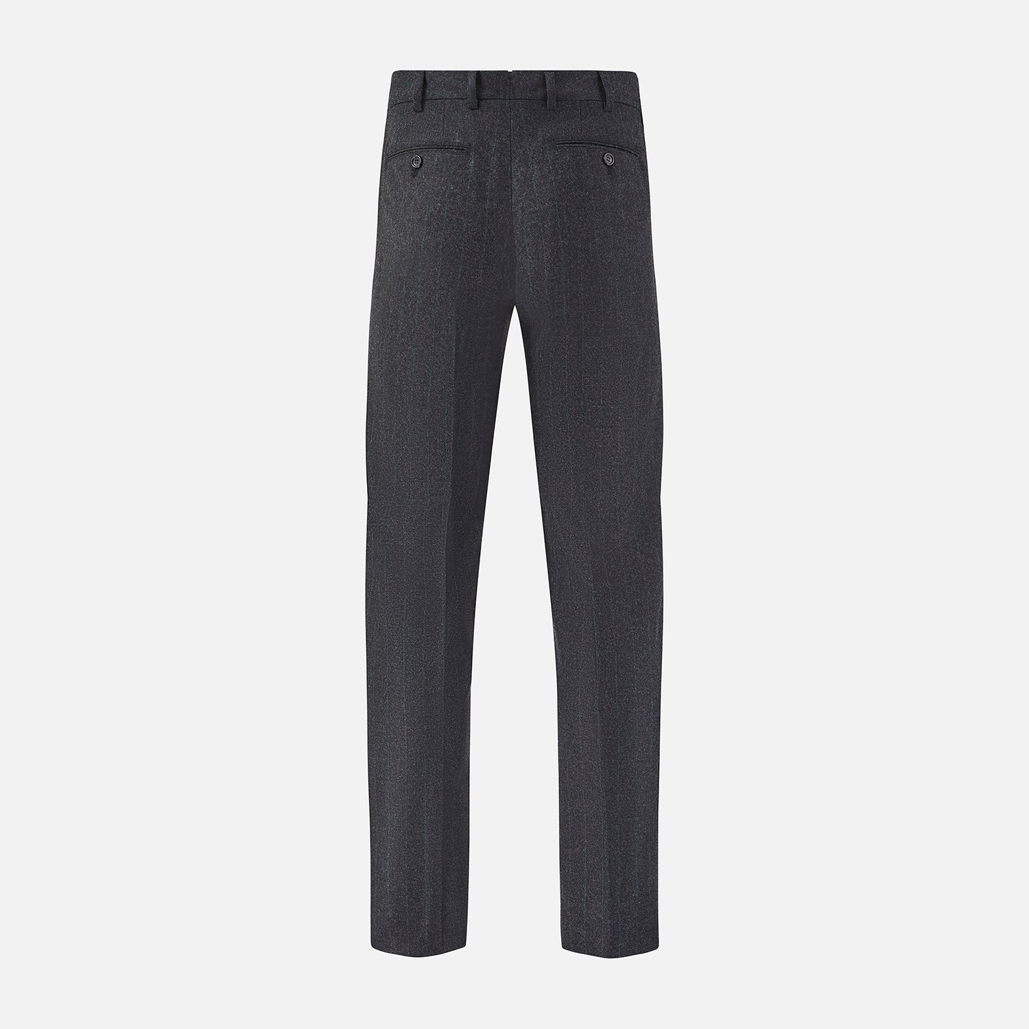 View 3 of product Turnbull & Asser’s Dark Grey Pinstripe Edward Trousers in a wool-cotton blend feature a subtle vertical stripe, front crease, straight cut, and classic waistband with belt loops, button, and zipper closure—perfect for semi-formal wear.