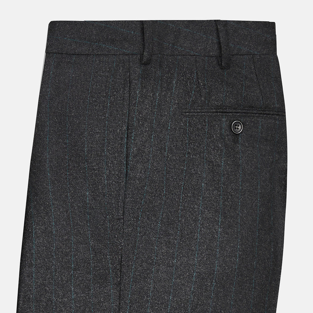 Turnbull & Asser’s Dark Grey Pinstripe Edward Trousers in a wool-cotton blend feature a subtle vertical stripe, front crease, straight cut, and classic waistband with belt loops, button, and zipper closure—perfect for semi-formal wear.