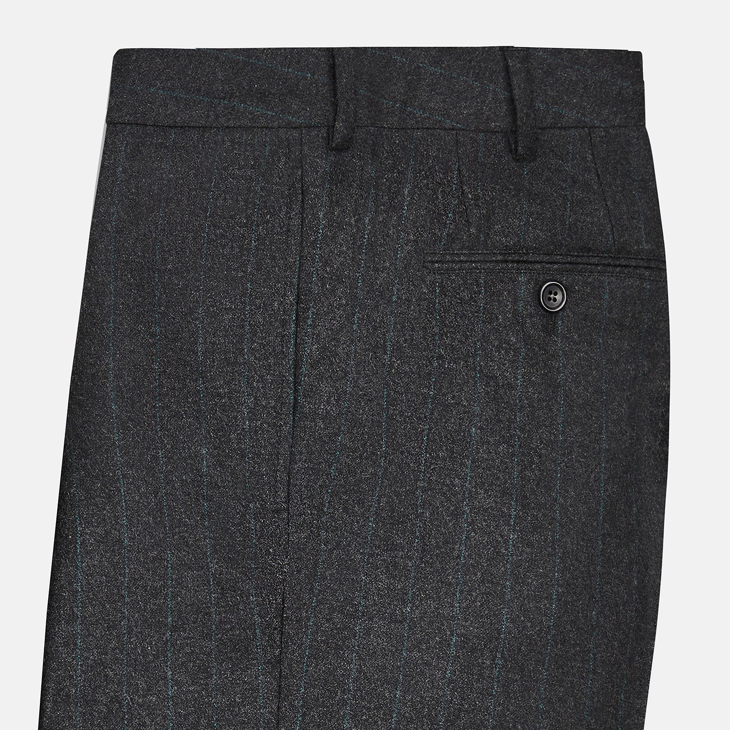 View 4 of product Turnbull & Asser’s Dark Grey Pinstripe Edward Trousers in a wool-cotton blend feature a subtle vertical stripe, front crease, straight cut, and classic waistband with belt loops, button, and zipper closure—perfect for semi-formal wear.