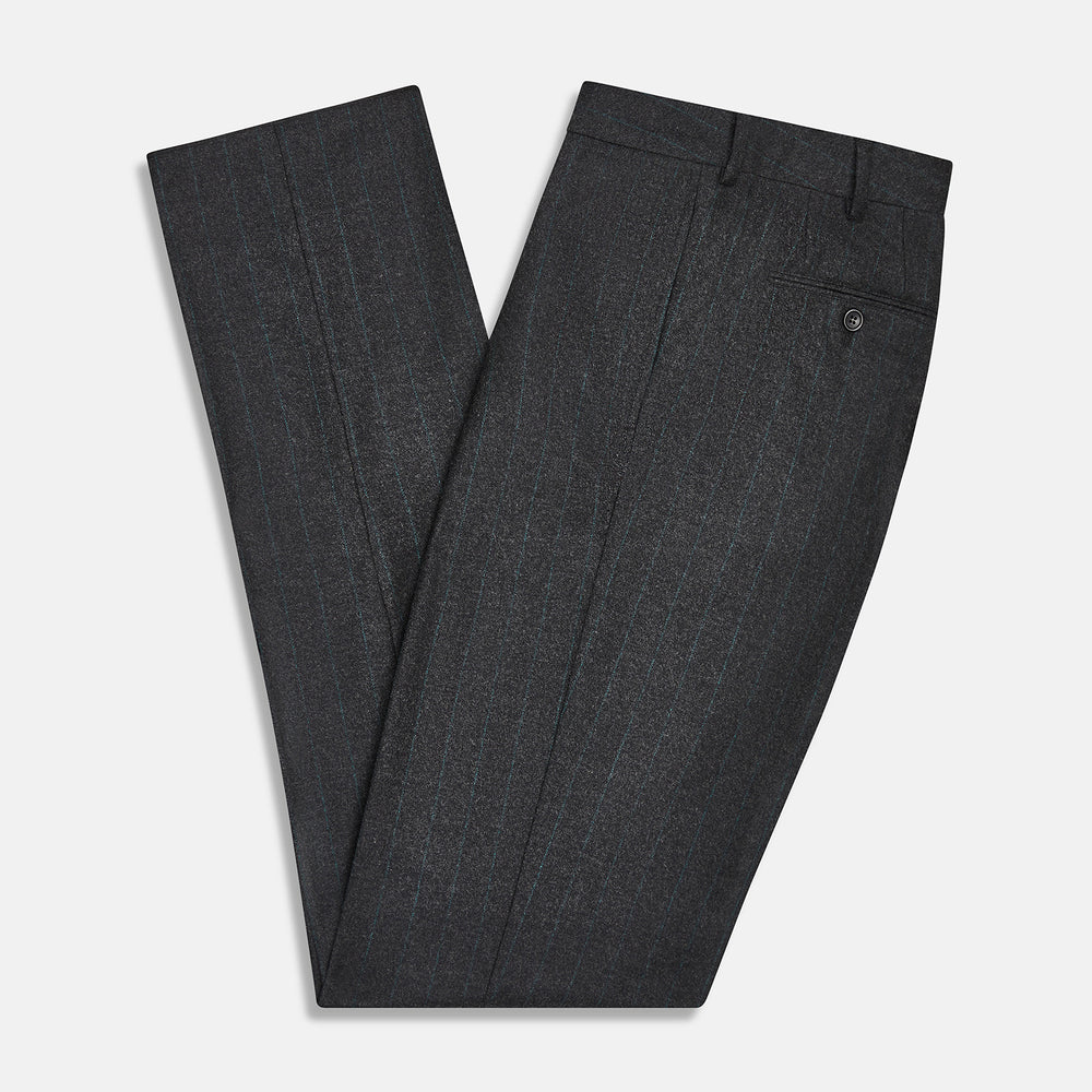 Turnbull & Asser’s Dark Grey Pinstripe Edward Trousers in a wool-cotton blend feature a subtle vertical stripe, front crease, straight cut, and classic waistband with belt loops, button, and zipper closure—perfect for semi-formal wear.