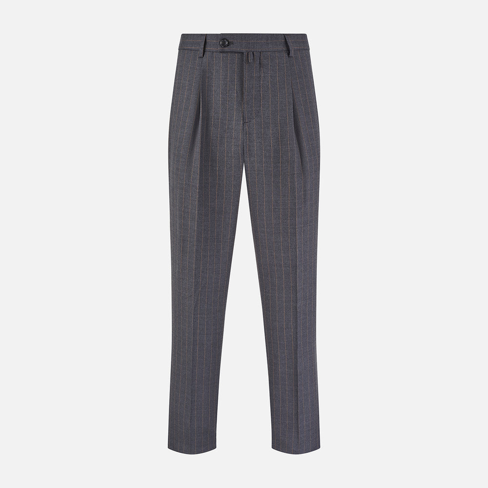 The Turnbull & Asser Dark Grey Pinstripe Arthur Trousers feature a subtle pinstripe, front button and zip closure, belt loops, and pleated front. These straight-leg trousers are shown against a plain white background.