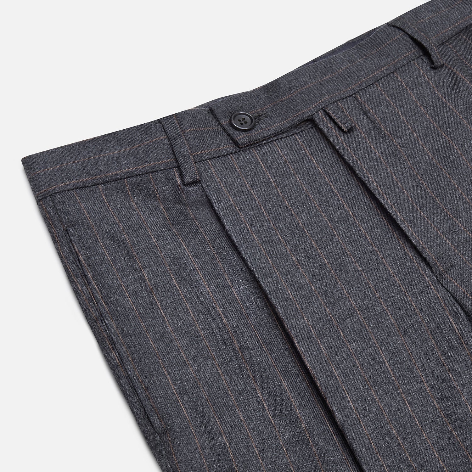 View 2 of product The Turnbull & Asser Dark Grey Pinstripe Arthur Trousers feature a subtle pinstripe, front button and zip closure, belt loops, and pleated front. These straight-leg trousers are shown against a plain white background.
