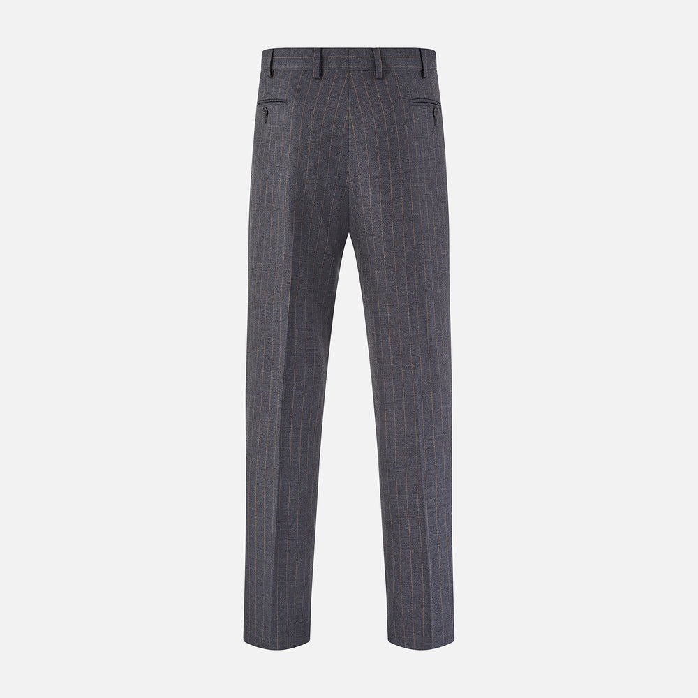 The Turnbull & Asser Dark Grey Pinstripe Arthur Trousers feature a subtle pinstripe, front button and zip closure, belt loops, and pleated front. These straight-leg trousers are shown against a plain white background.