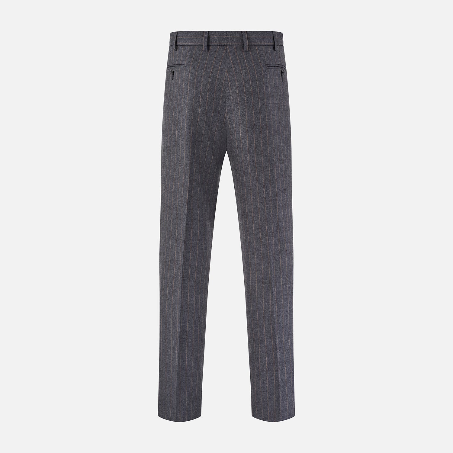View 3 of product The Turnbull & Asser Dark Grey Pinstripe Arthur Trousers feature a subtle pinstripe, front button and zip closure, belt loops, and pleated front. These straight-leg trousers are shown against a plain white background.